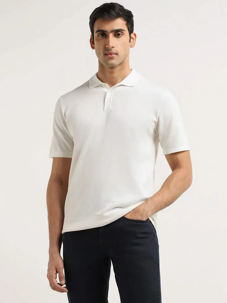 Ascot Off White Self-Patterned Cotton Relaxed Fit T-Shirt