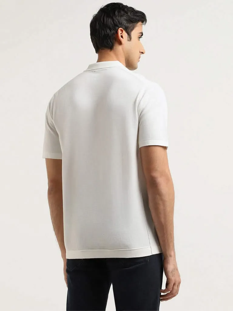 Ascot Off White Self-Patterned Cotton Relaxed Fit T-Shirt