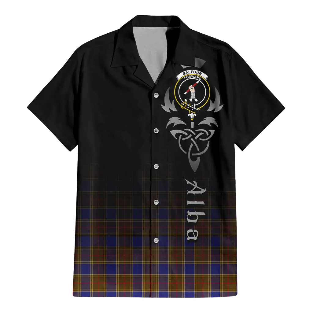 Balfour Tartan Short Sleeve Button Up Shirt Featuring Alba Gu Brath Family Crest Celtic Inspired