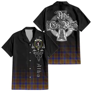 Balfour Tartan Short Sleeve Button Up Shirt Featuring Alba Gu Brath Family Crest Celtic Inspired