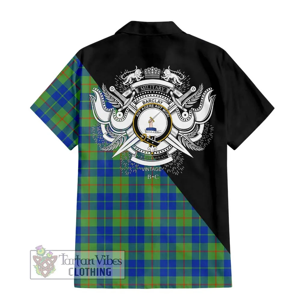 Barclay Hunting Ancient Tartan Short Sleeve Button Shirt with Family Crest and Military Logo Style