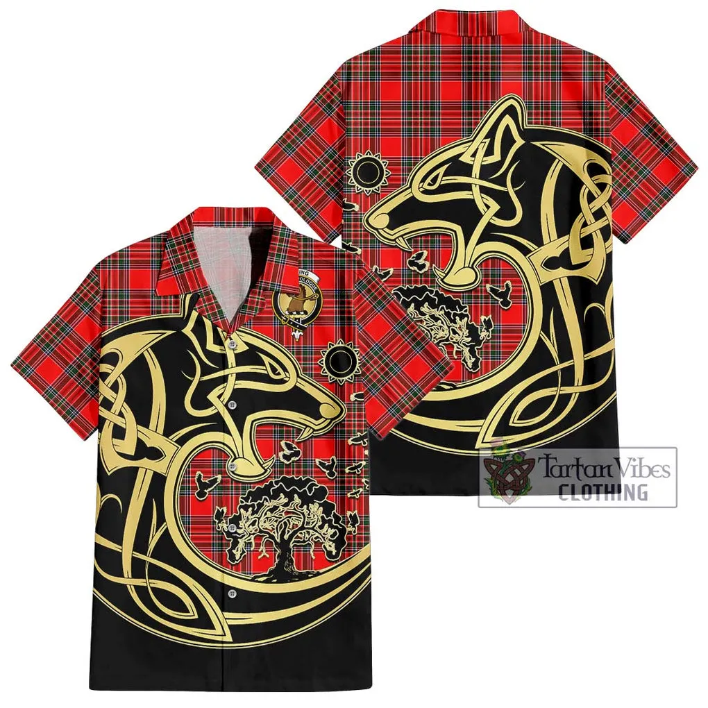 Binning Tartan Short Sleeve Button Shirt with Family Crest Celtic Wolf Style