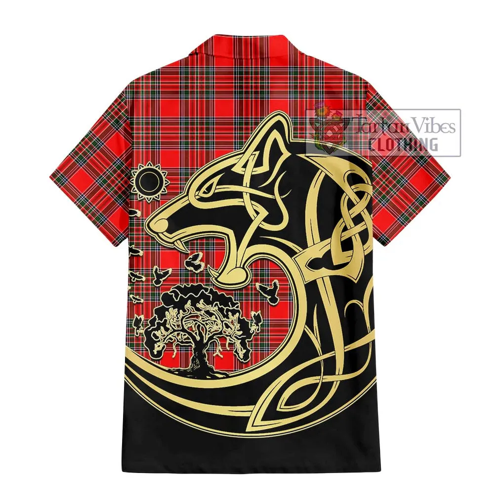 Binning Tartan Short Sleeve Button Shirt with Family Crest Celtic Wolf Style