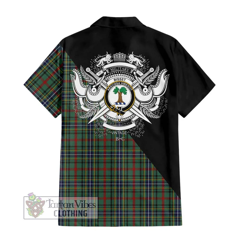 Bisset Tartan Short Sleeve Button Shirt with Family Crest and Military Logo Style