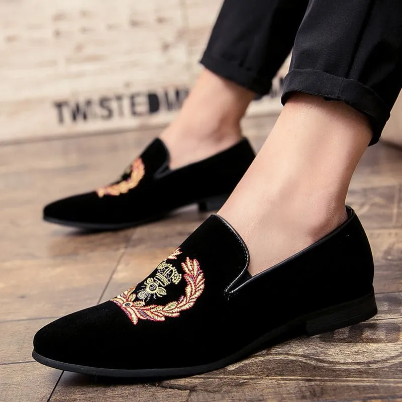 Black Embroidered Men’s Velvet Loafers with Military Motif