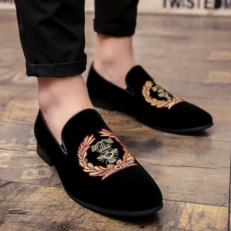 Black Embroidered Men’s Velvet Loafers with Military Motif