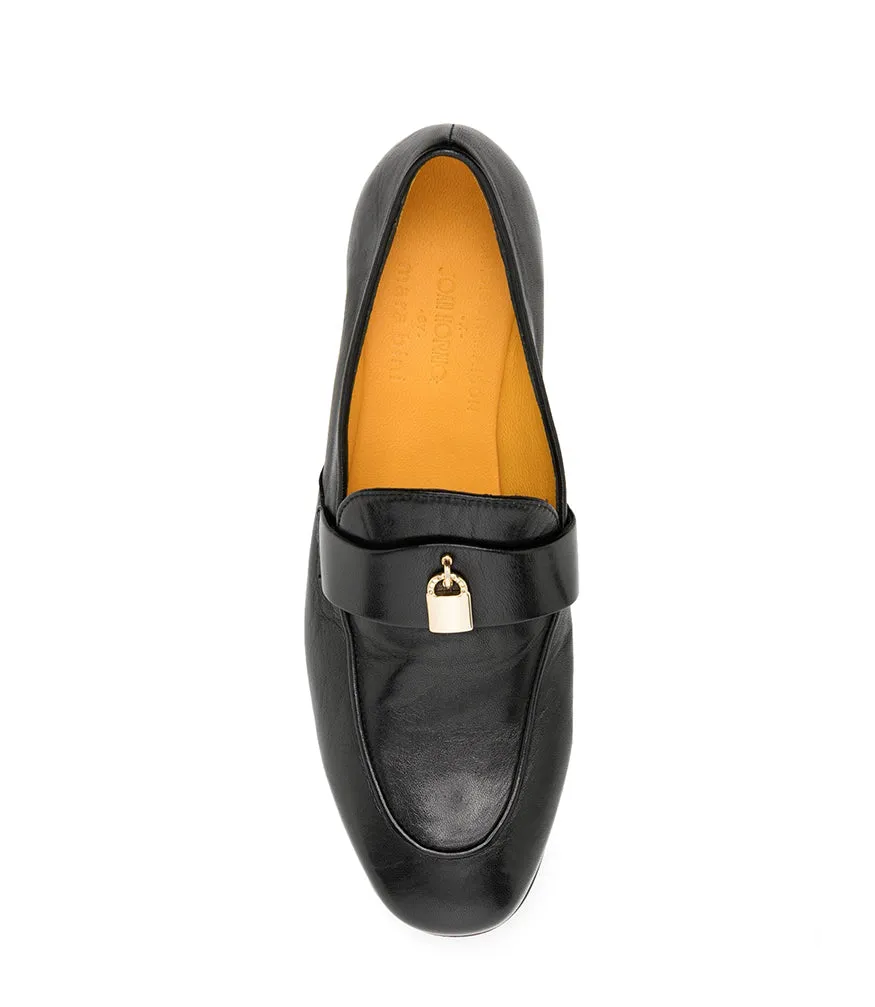 Black Leather Lock Flat Loafer