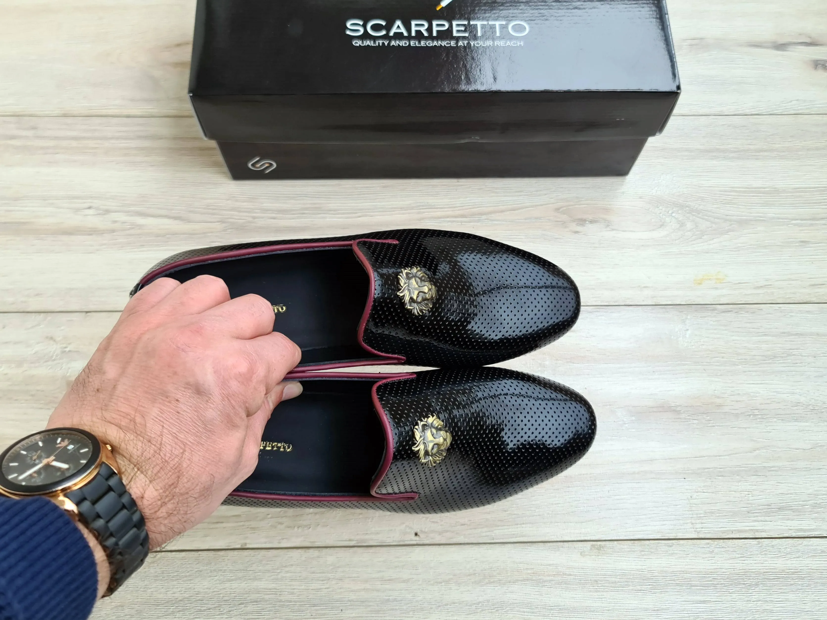 Black Men's Genuine Leather Dotted Loafers