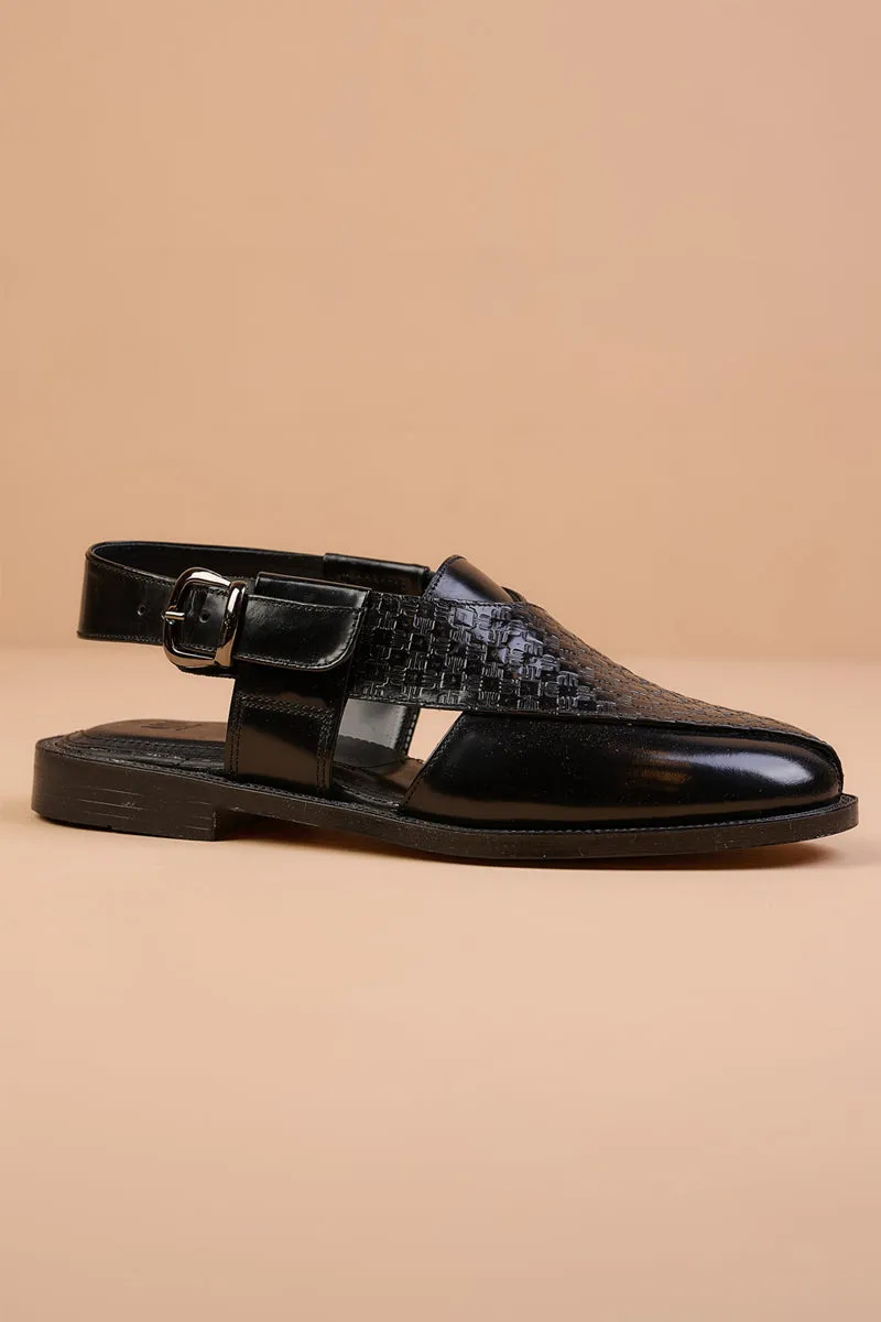 Black Textured Leather Slingback Loafers