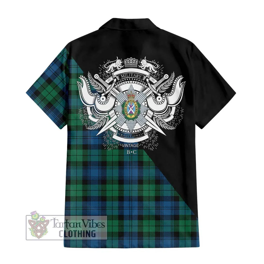 Black Watch Ancient Tartan Short Sleeve Button Shirt with Family Crest and Military Logo Style