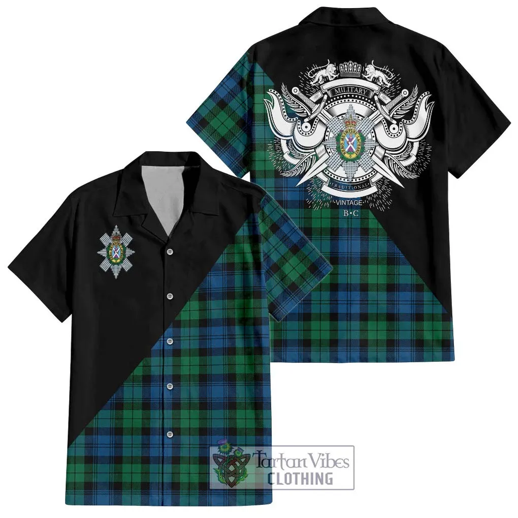 Black Watch Ancient Tartan Short Sleeve Button Shirt with Family Crest and Military Logo Style