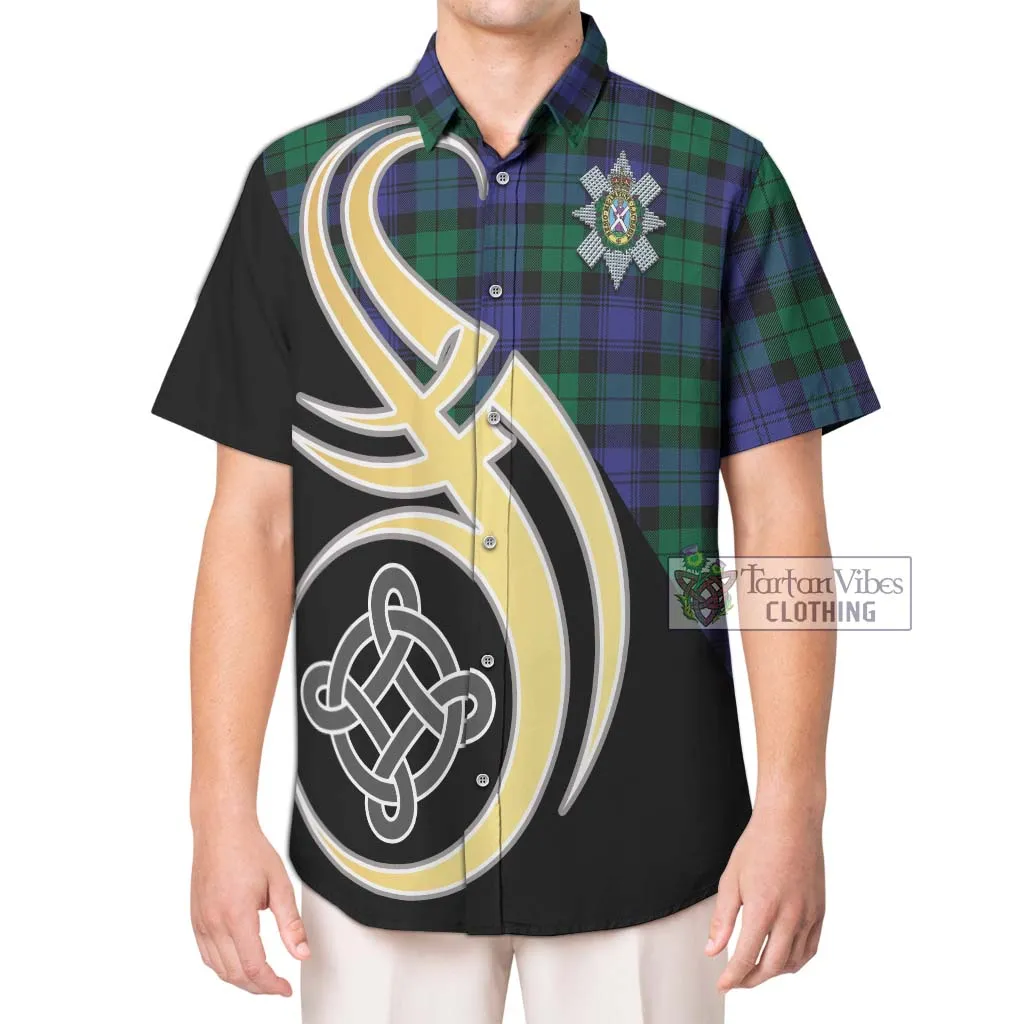 Black Watch Modern Tartan Short Sleeve Button Shirt with Family Crest and Celtic Symbol Style