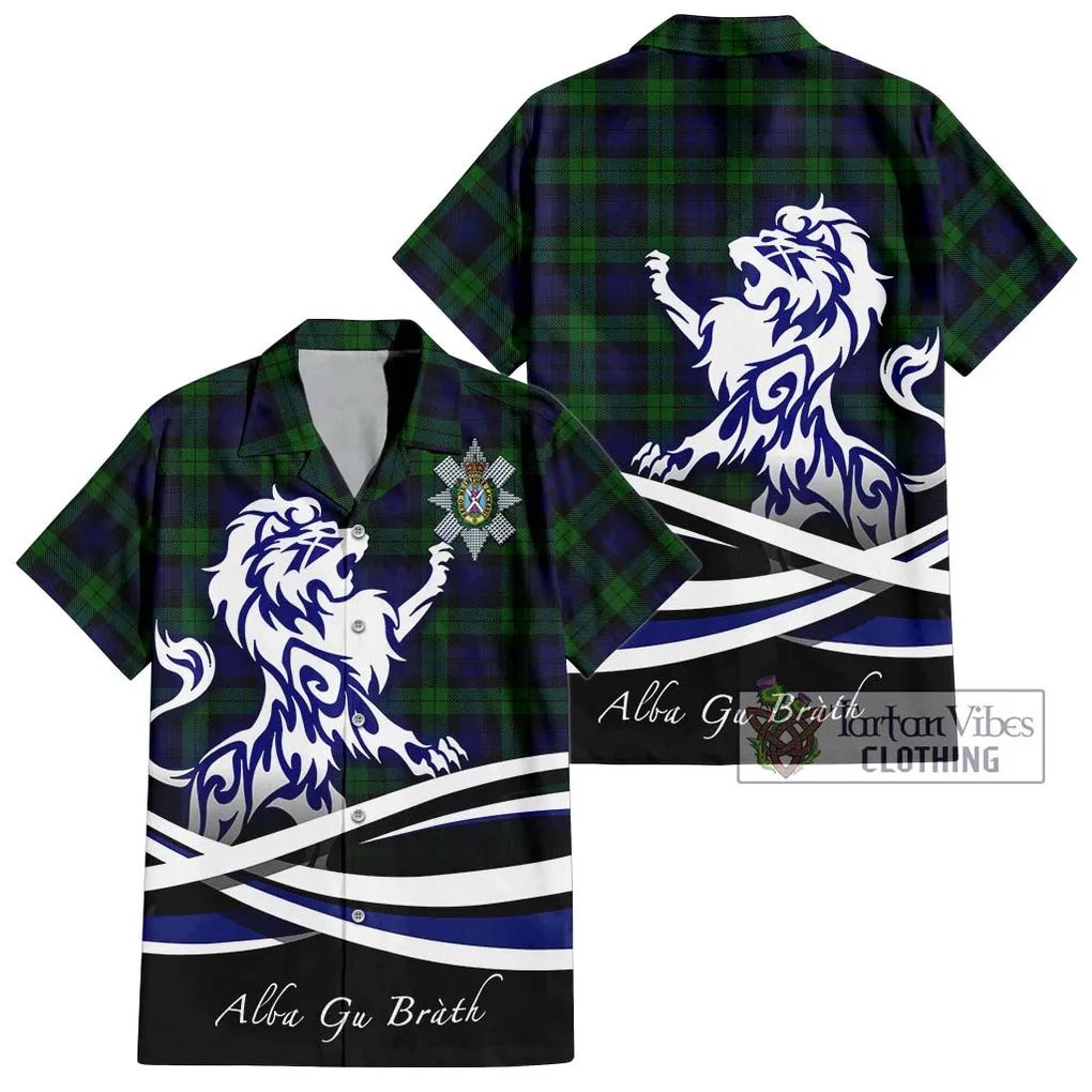 Black Watch Tartan Short Sleeve Button Shirt with Alba Gu Brath Regal Lion Emblem