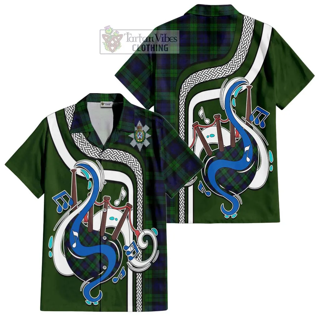 Black Watch Tartan Short Sleeve Button Shirt with Epic Bagpipe Style