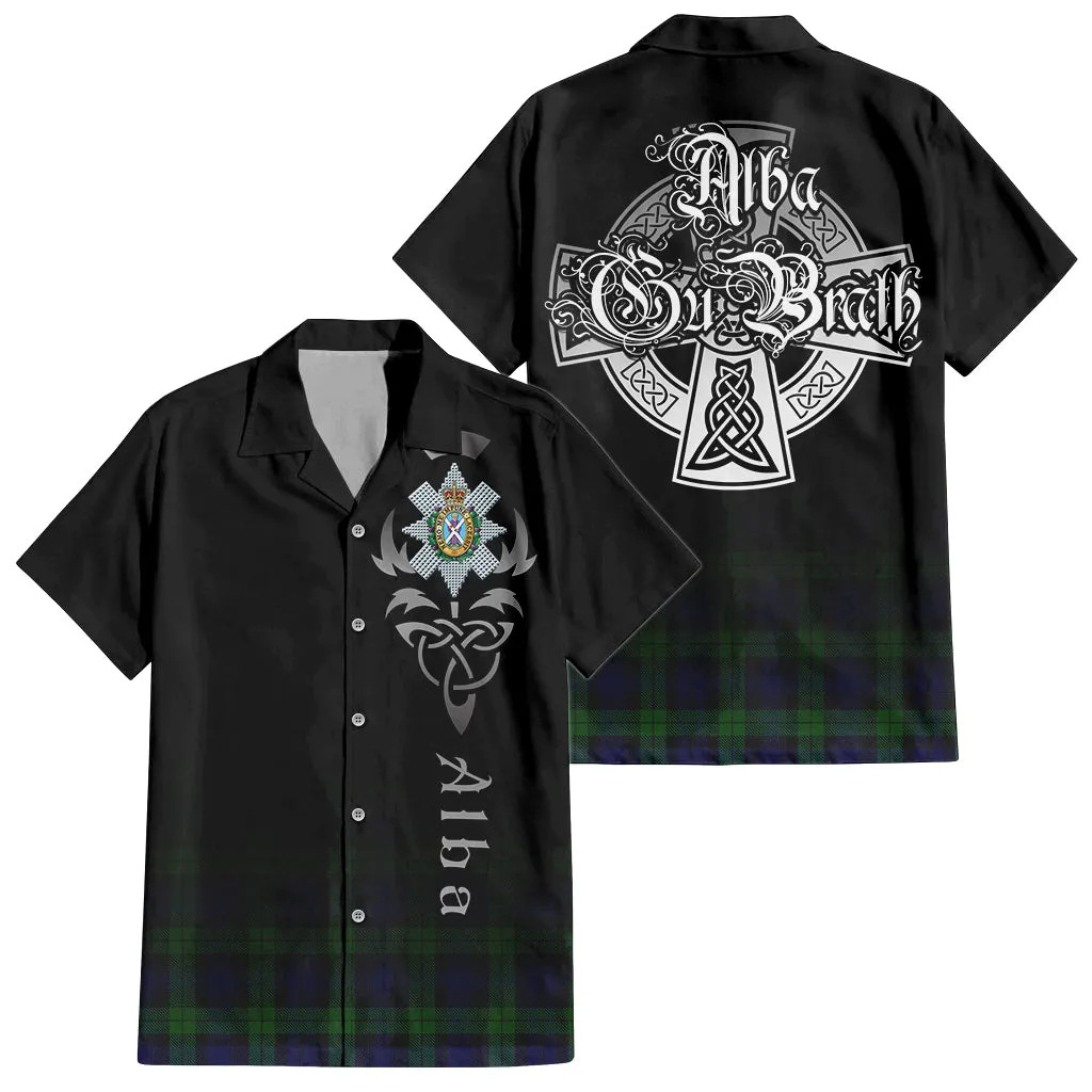 Black Watch Tartan Short Sleeve Button Up Shirt Featuring Alba Gu Brath Family Crest Celtic Inspired