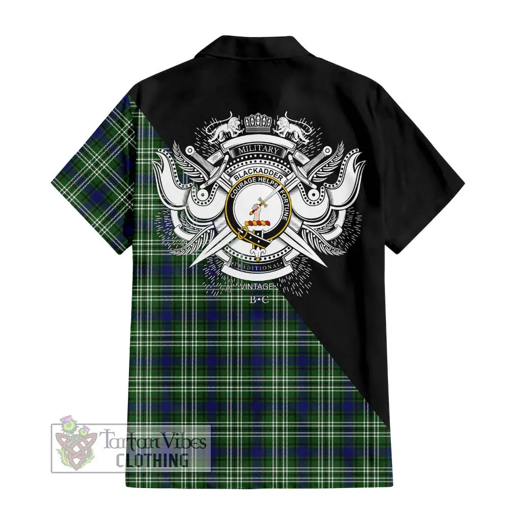 Blackadder Tartan Short Sleeve Button Shirt with Family Crest and Military Logo Style