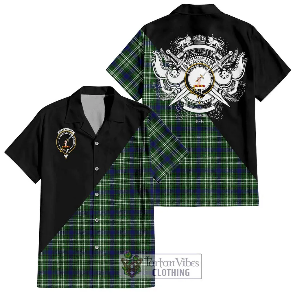 Blackadder Tartan Short Sleeve Button Shirt with Family Crest and Military Logo Style