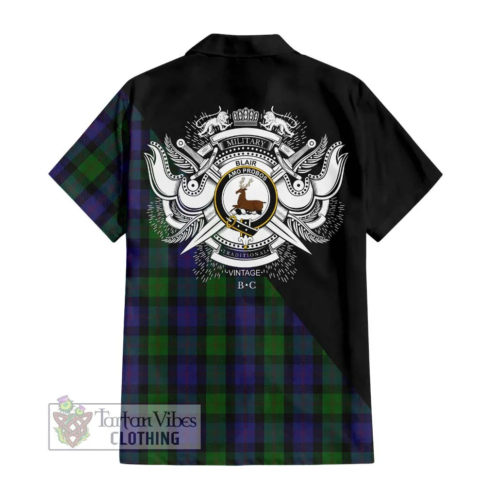 Blair Tartan Short Sleeve Button Shirt with Family Crest and Military Logo Style