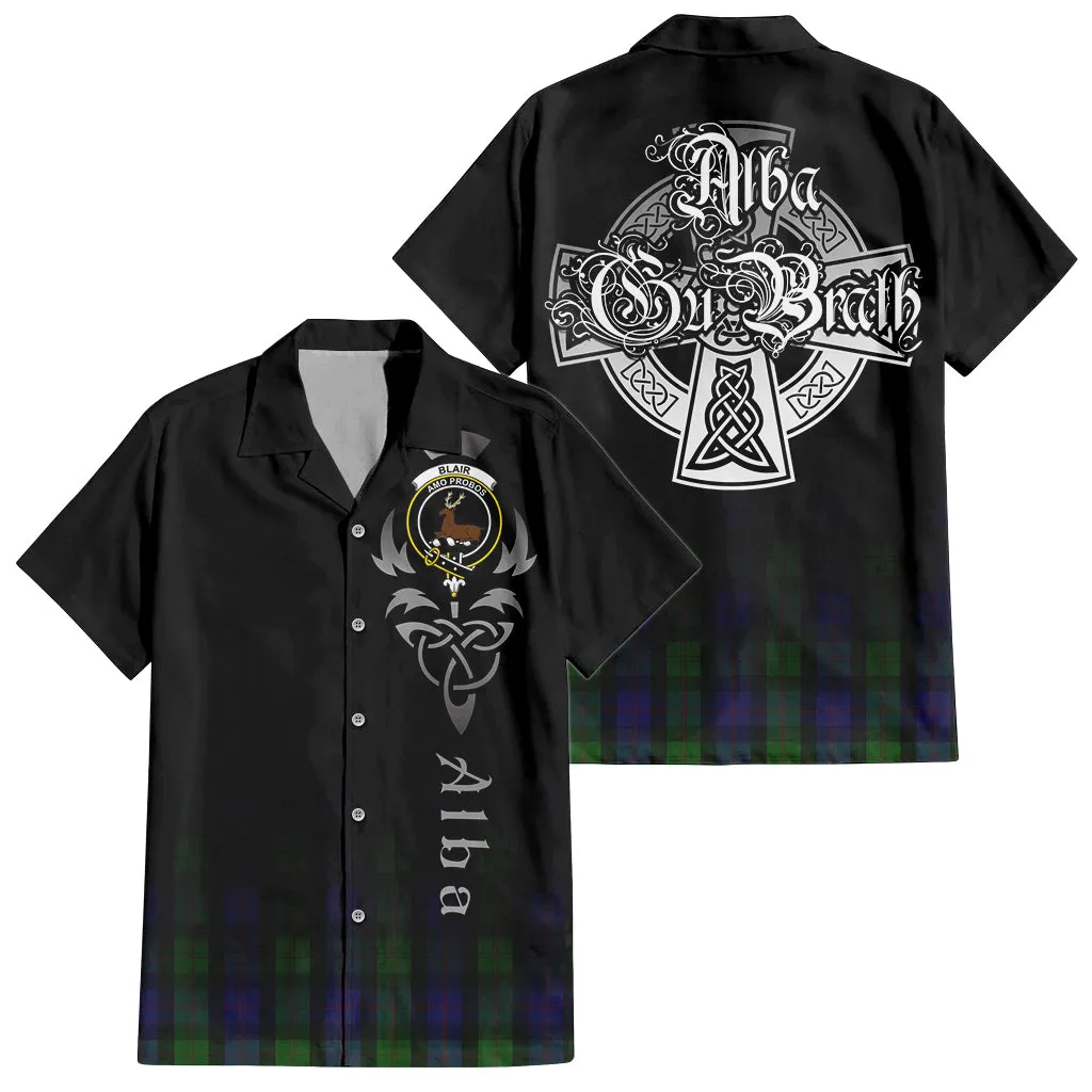 Blair Tartan Short Sleeve Button Up Shirt Featuring Alba Gu Brath Family Crest Celtic Inspired