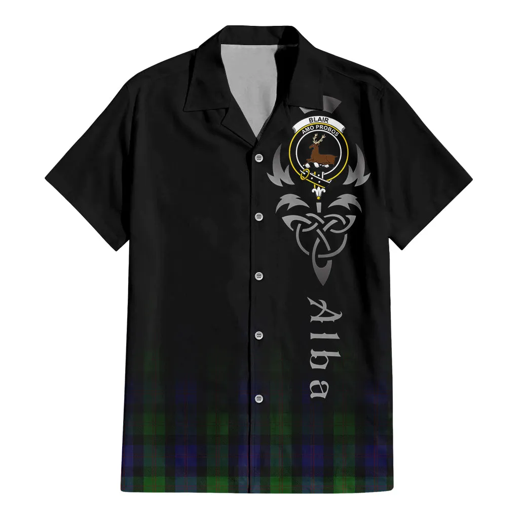 Blair Tartan Short Sleeve Button Up Shirt Featuring Alba Gu Brath Family Crest Celtic Inspired