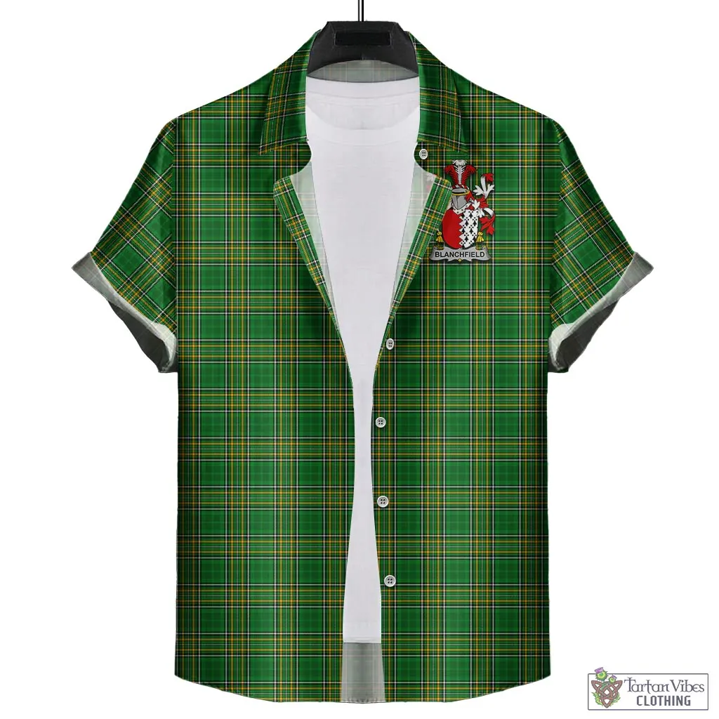 Blanchfield Irish Clan Tartan Short Sleeve Button Up with Coat of Arms