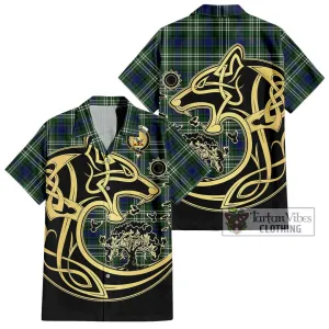 Blyth Tartan Short Sleeve Button Shirt with Family Crest Celtic Wolf Style