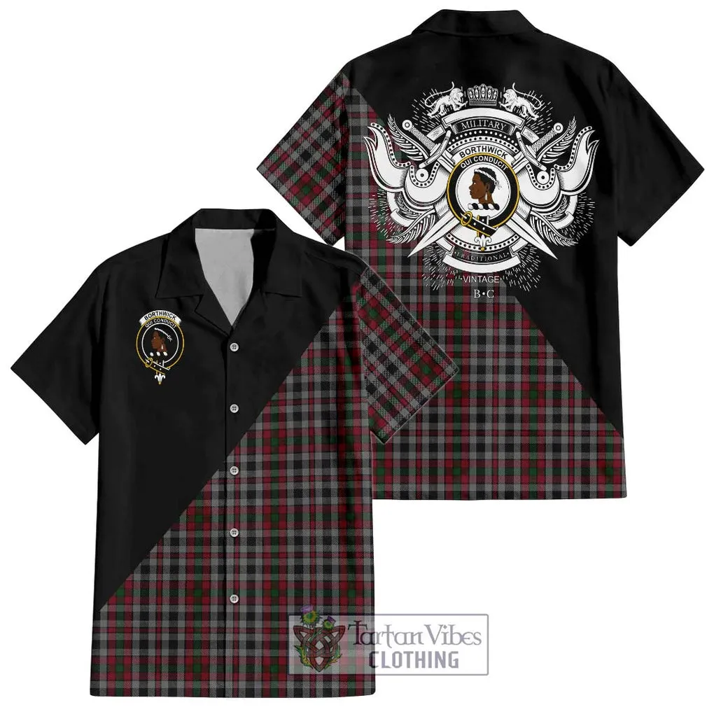 Borthwick Tartan Short Sleeve Button Shirt with Family Crest and Military Logo Style