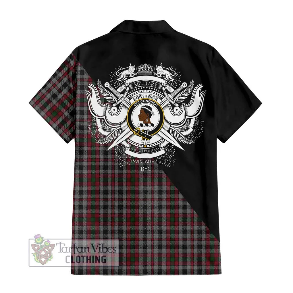 Borthwick Tartan Short Sleeve Button Shirt with Family Crest and Military Logo Style