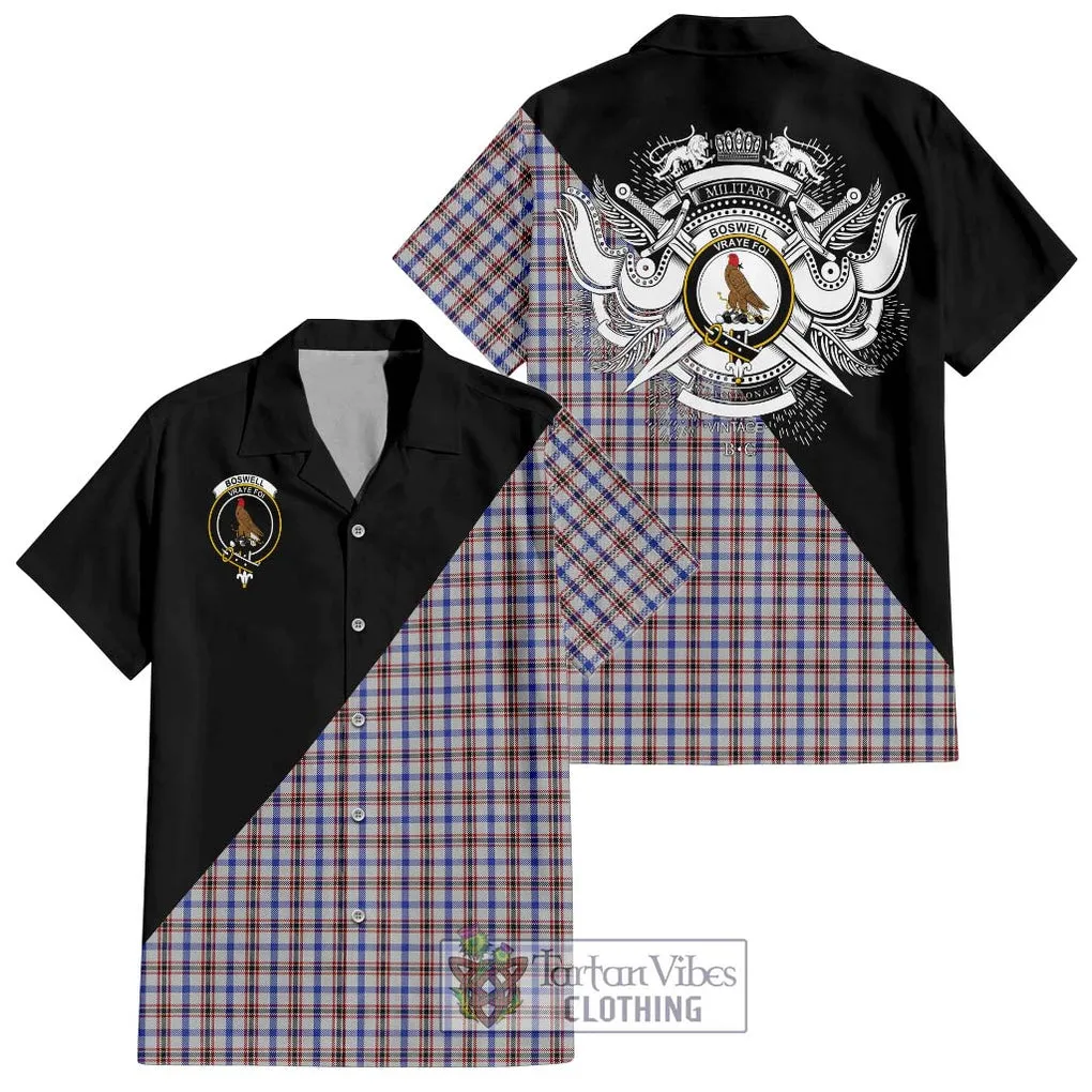 Boswell Tartan Short Sleeve Button Shirt with Family Crest and Military Logo Style