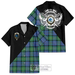 Bowie Ancient Tartan Short Sleeve Button Shirt with Family Crest and Military Logo Style