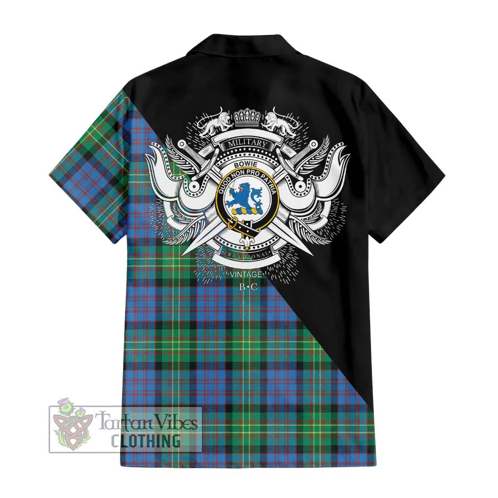 Bowie Ancient Tartan Short Sleeve Button Shirt with Family Crest and Military Logo Style