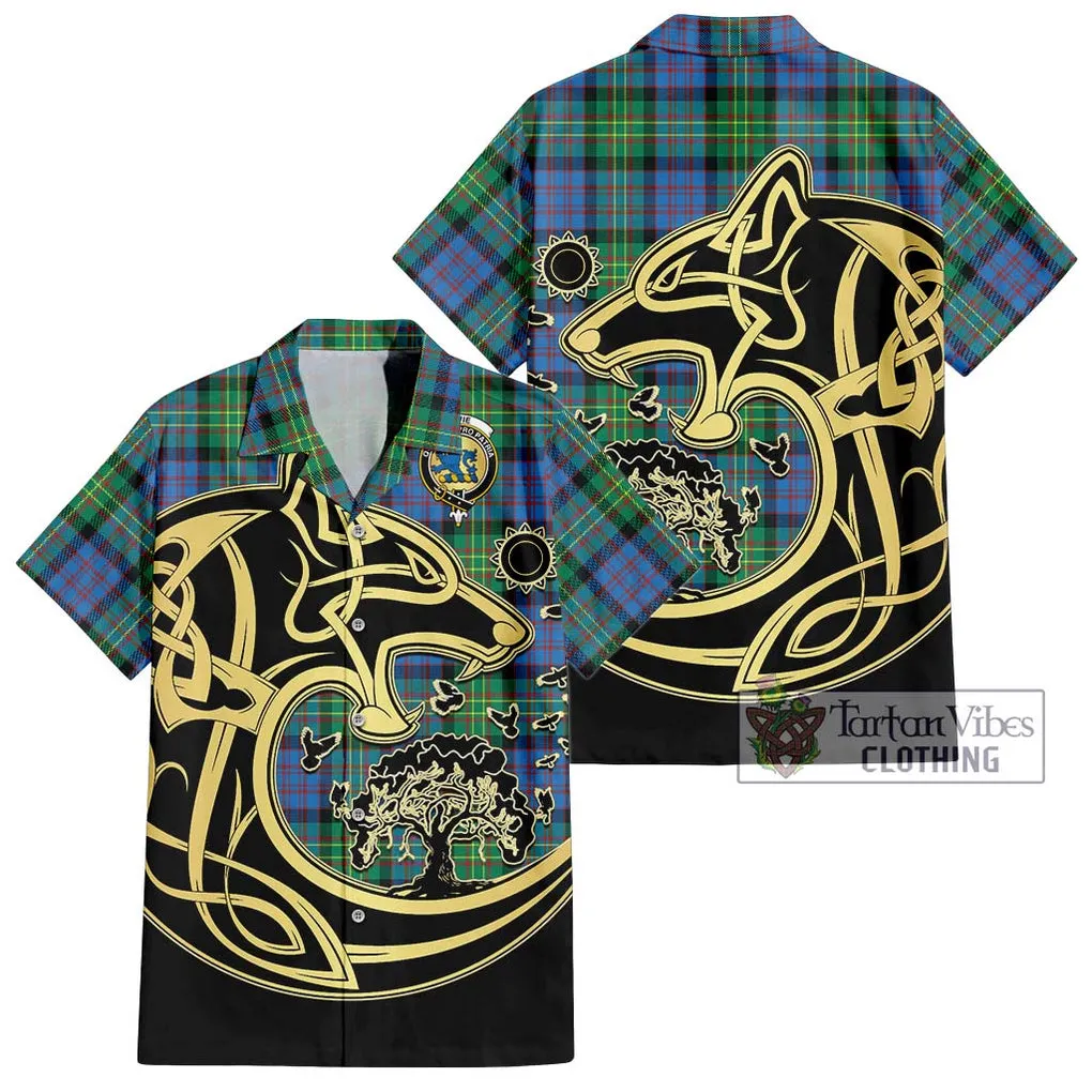 Bowie Ancient Tartan Short Sleeve Button Shirt with Family Crest Celtic Wolf Style