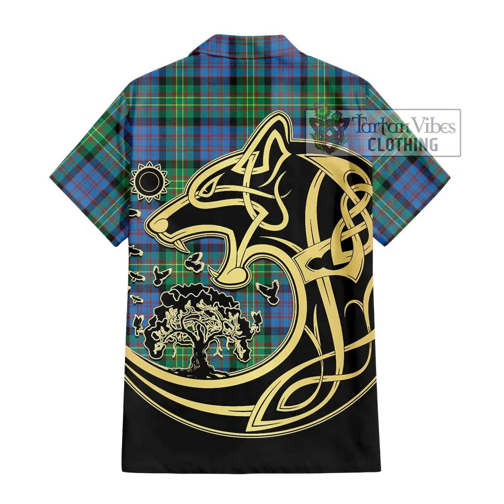 Bowie Ancient Tartan Short Sleeve Button Shirt with Family Crest Celtic Wolf Style