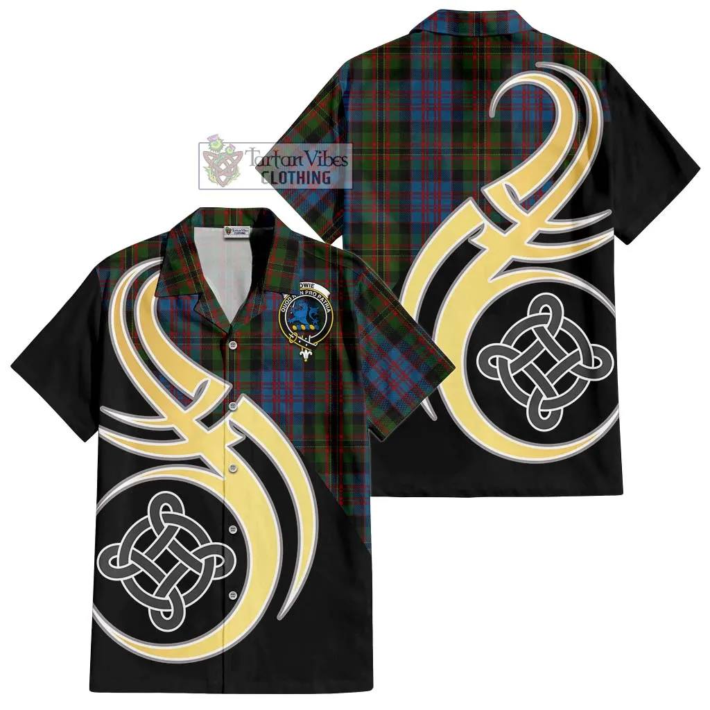 Bowie Tartan Short Sleeve Button Shirt with Family Crest and Celtic Symbol Style