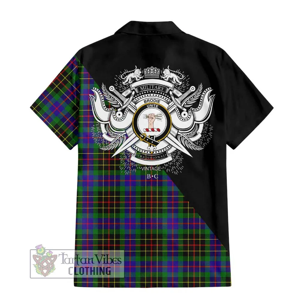 Brodie Hunting Modern Tartan Short Sleeve Button Shirt with Family Crest and Military Logo Style