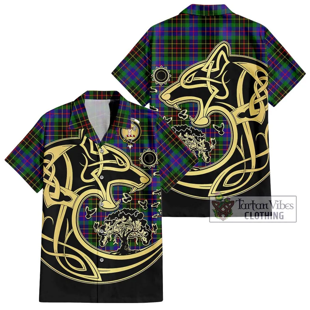 Brodie Hunting Modern Tartan Short Sleeve Button Shirt with Family Crest Celtic Wolf Style