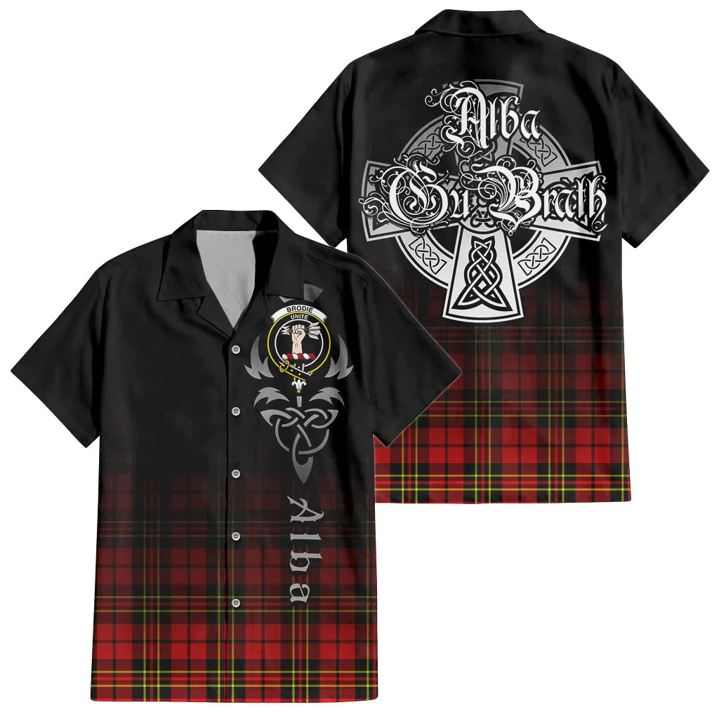 Brodie Modern Tartan Short Sleeve Button Up Shirt Featuring Alba Gu Brath Family Crest Celtic Inspired