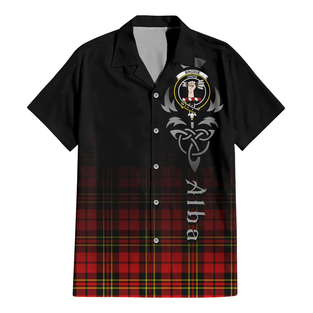 Brodie Modern Tartan Short Sleeve Button Up Shirt Featuring Alba Gu Brath Family Crest Celtic Inspired