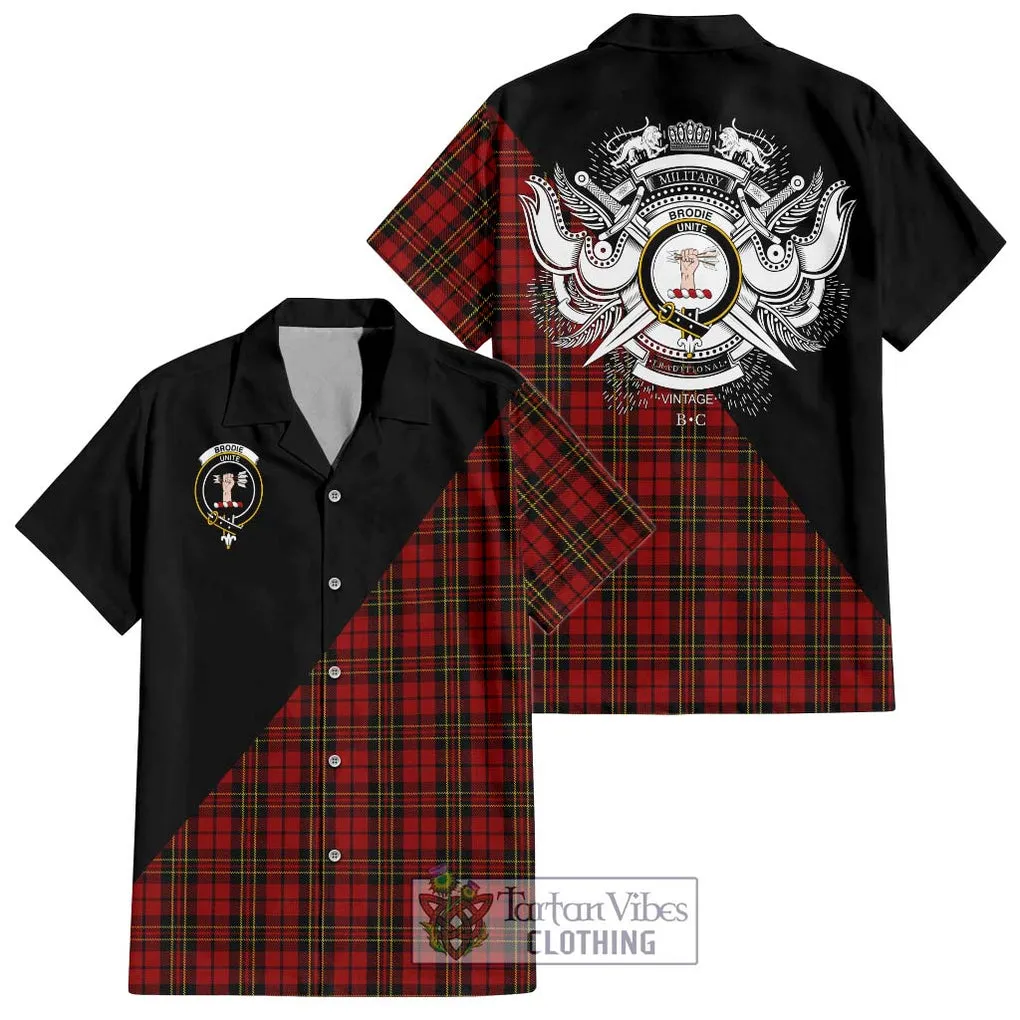 Brodie Tartan Short Sleeve Button Shirt with Family Crest and Military Logo Style