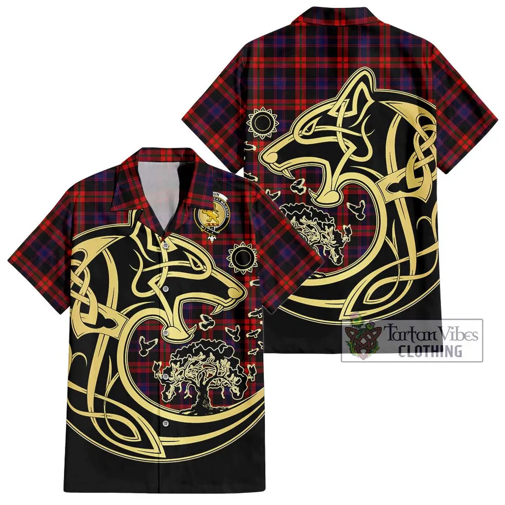 Broun Modern Tartan Short Sleeve Button Shirt with Family Crest Celtic Wolf Style