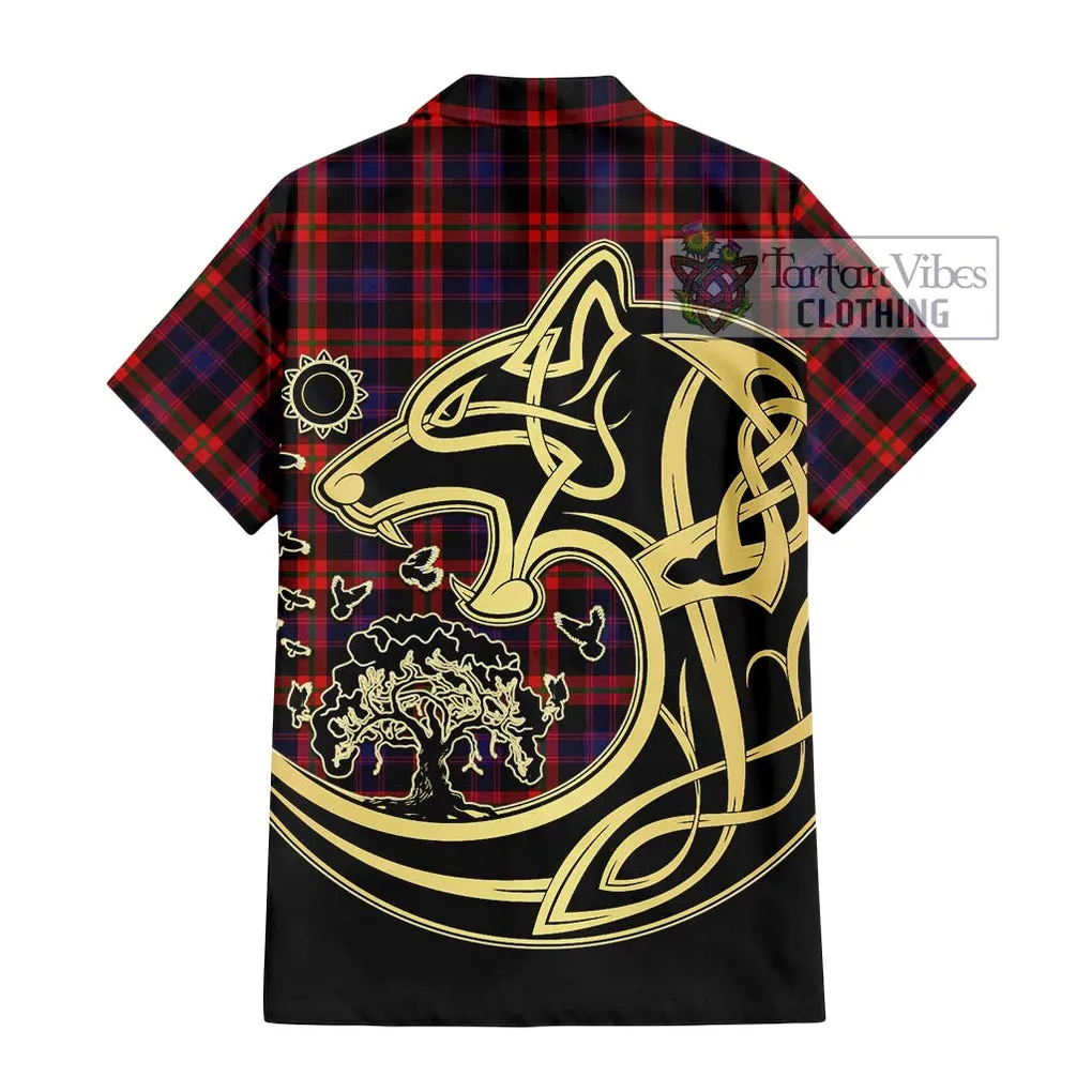 Broun Modern Tartan Short Sleeve Button Shirt with Family Crest Celtic Wolf Style