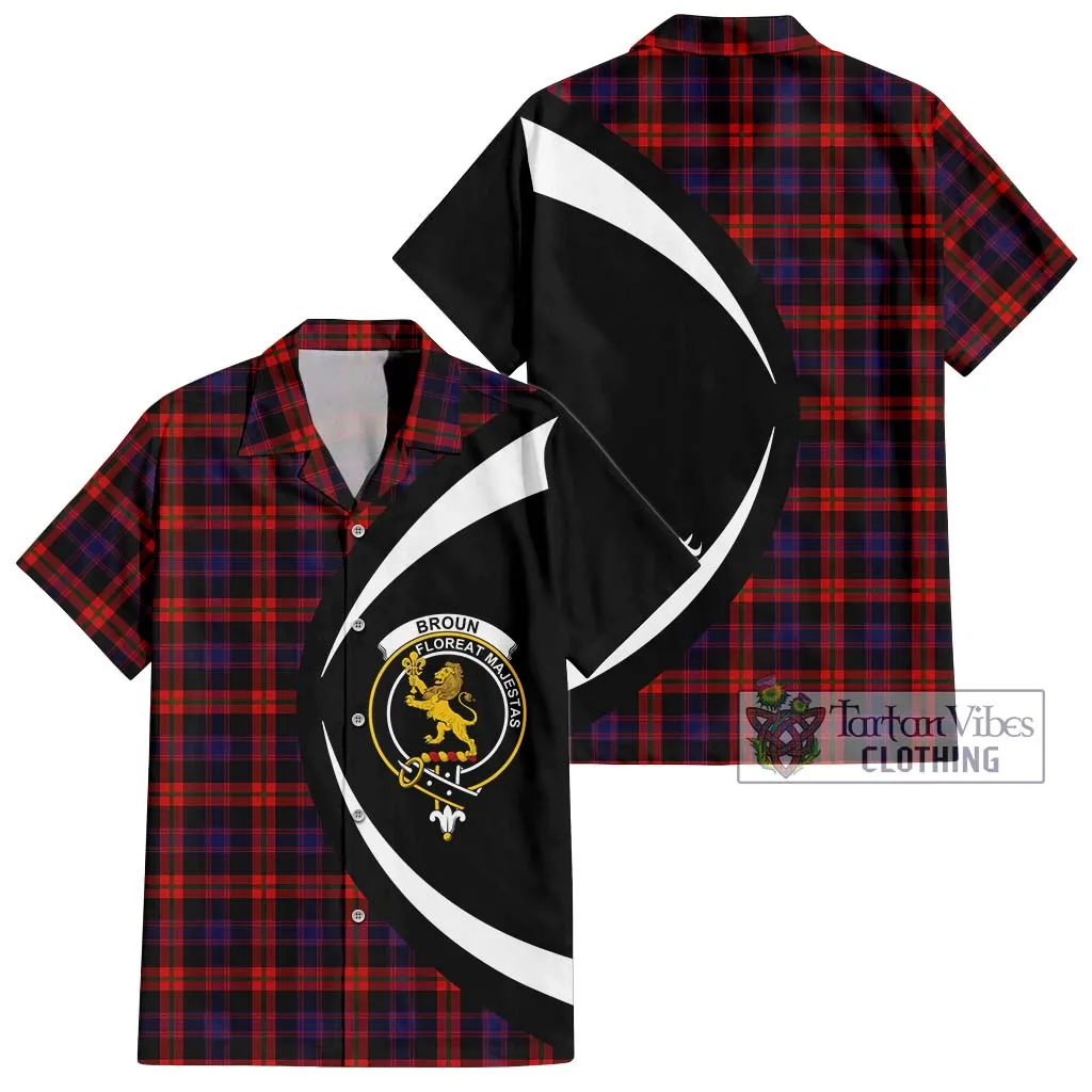 Broun Modern Tartan Short Sleeve Button Up with Family Crest Circle Style