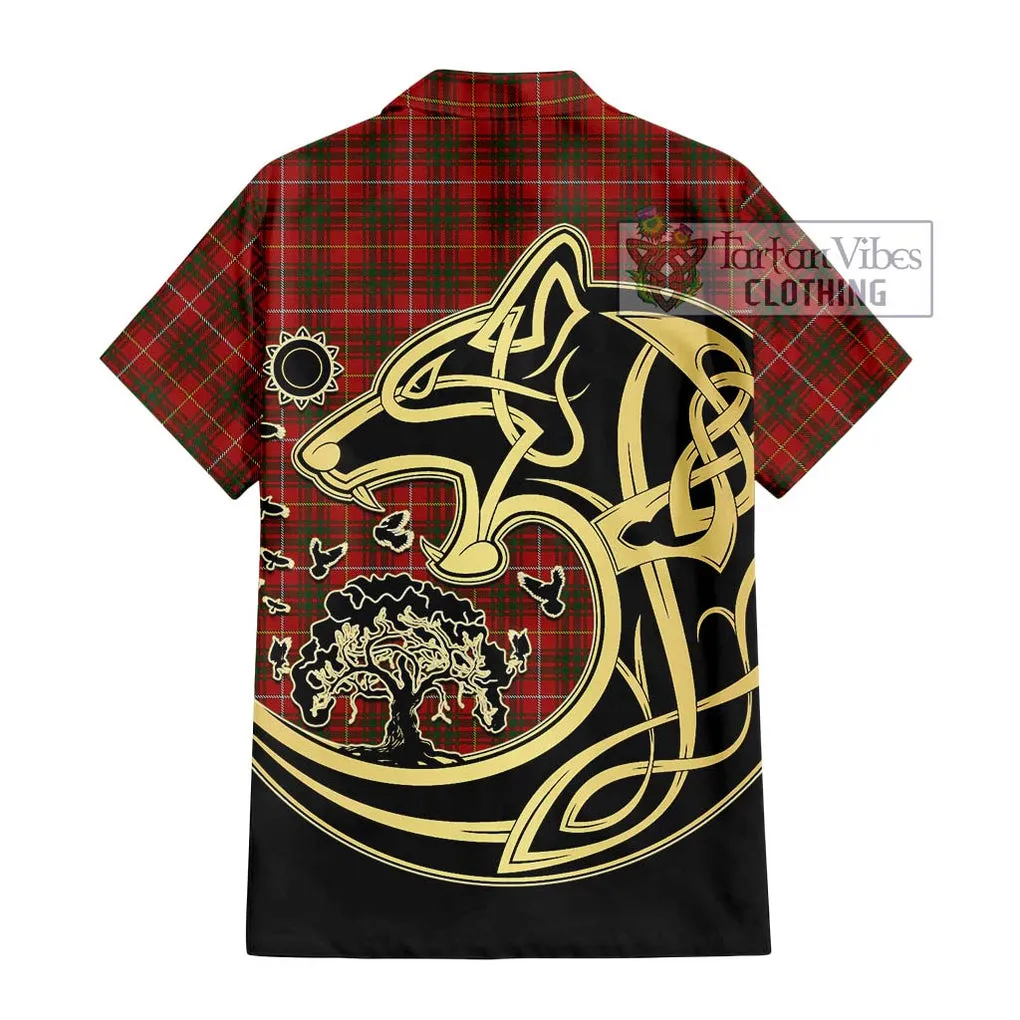 Bruce Tartan Short Sleeve Button Shirt with Family Crest Celtic Wolf Style