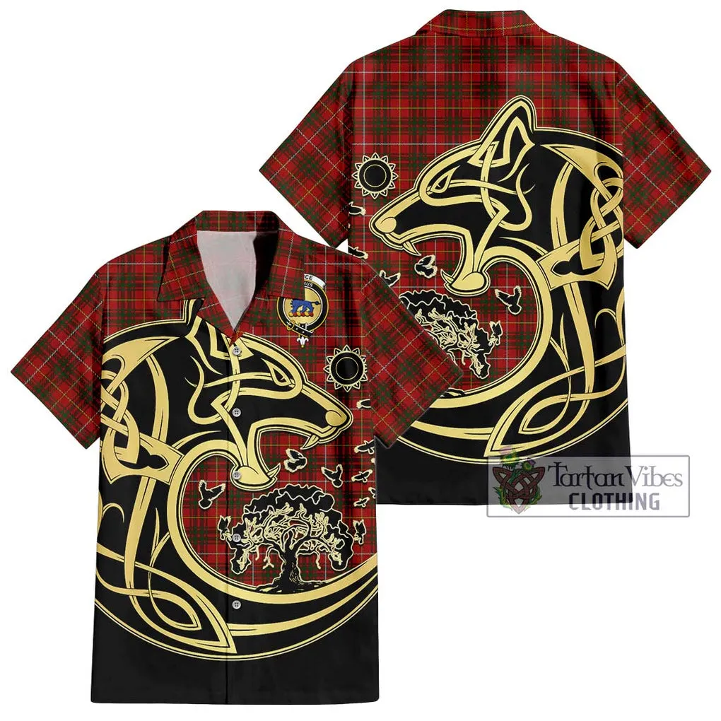 Bruce Tartan Short Sleeve Button Shirt with Family Crest Celtic Wolf Style