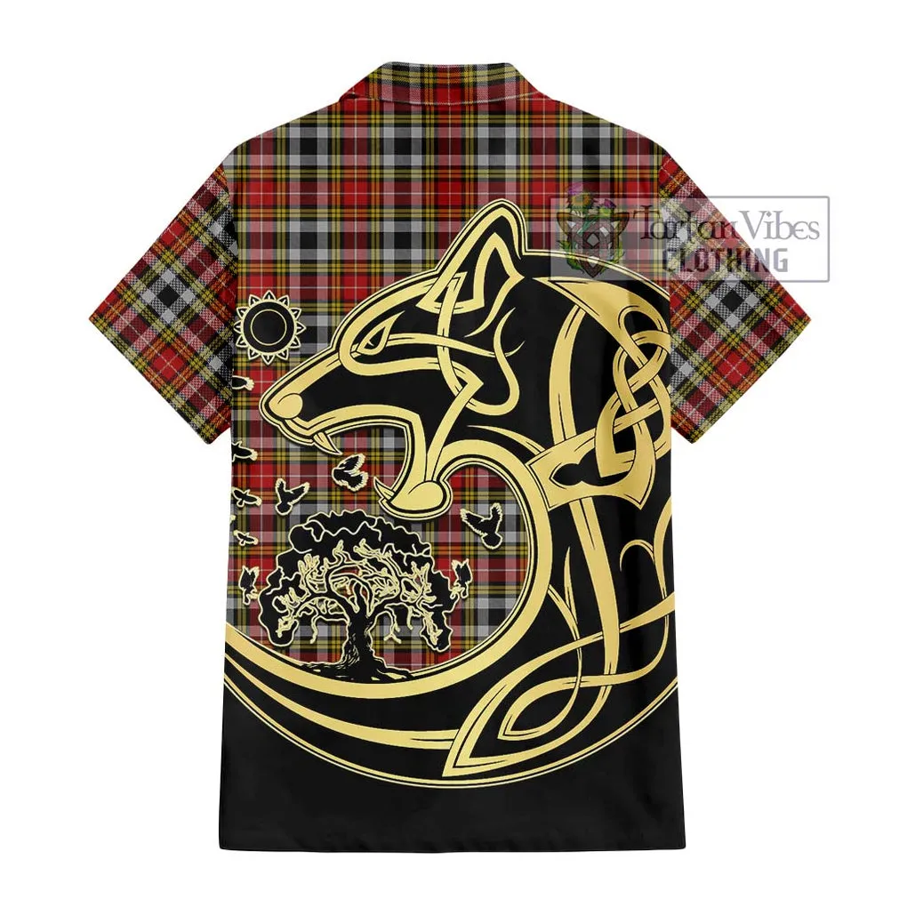 Buchanan Old Dress Tartan Short Sleeve Button Shirt with Family Crest Celtic Wolf Style