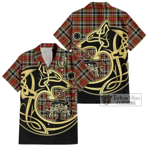 Buchanan Old Dress Tartan Short Sleeve Button Shirt with Family Crest Celtic Wolf Style