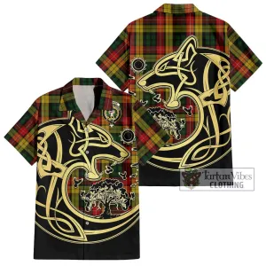 Buchanan Tartan Short Sleeve Button Shirt with Family Crest Celtic Wolf Style