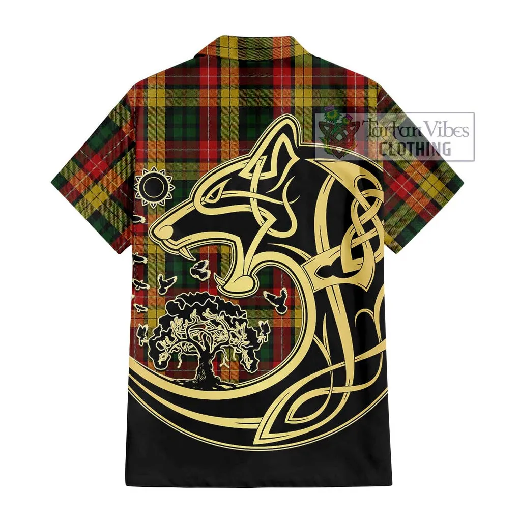 Buchanan Tartan Short Sleeve Button Shirt with Family Crest Celtic Wolf Style