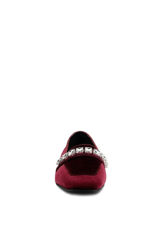 Burgundy Lamington Handcrafted Velvet Diamante Loafers