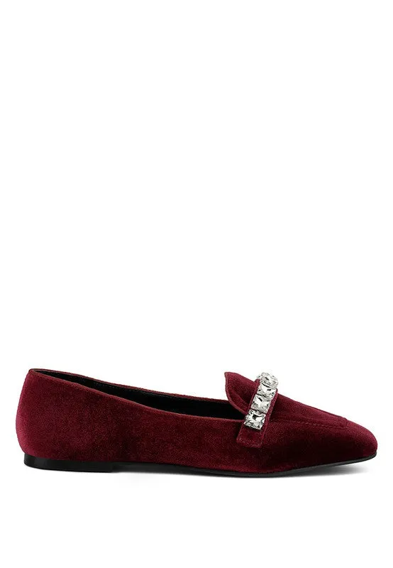 Burgundy Lamington Handcrafted Velvet Diamante Loafers